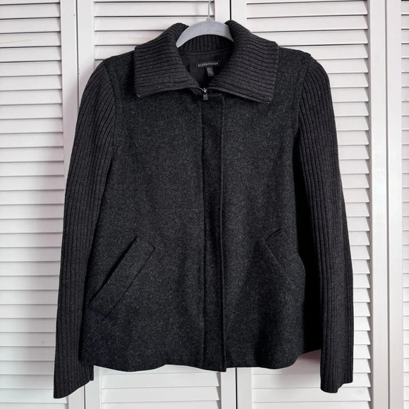 Eileen Fisher Women’s Wool Charcoal Jacket Sweater Ribbed Sleeves Size Small - Picture 2 of 10
